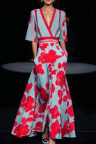 Women's red oversized floral print deep V-neck wide sleeve high-waist maxi dress