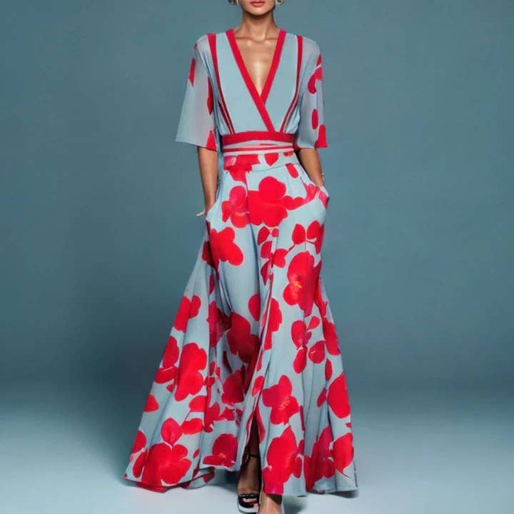 Women's red oversized floral print deep V-neck wide sleeve high-waist maxi dress
