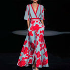 Women's red oversized floral print deep V-neck wide sleeve high-waist maxi dress