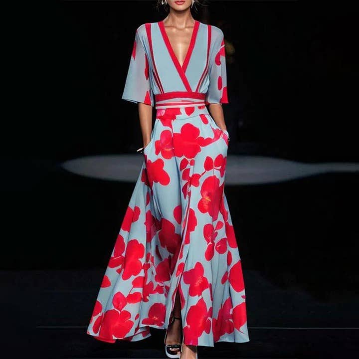 Women's red oversized floral print deep V-neck wide sleeve high-waist maxi dress