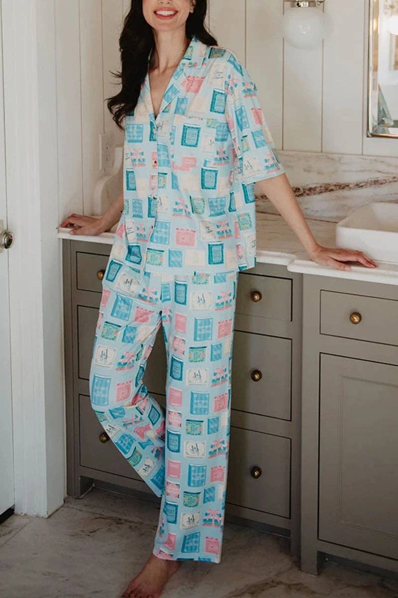 Women's light blue book club print matching pajama set