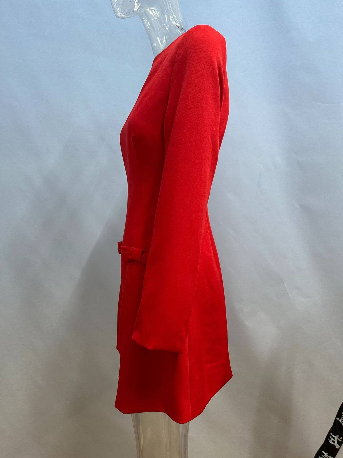 Women's red long sleeve boat neck mini dress with bow detail - view 3