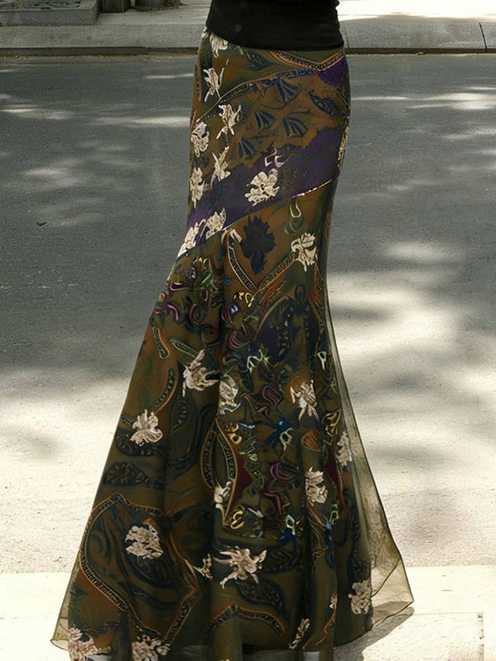 Women's Brown Floral Patterned Flowing Midi Skirt - view 3