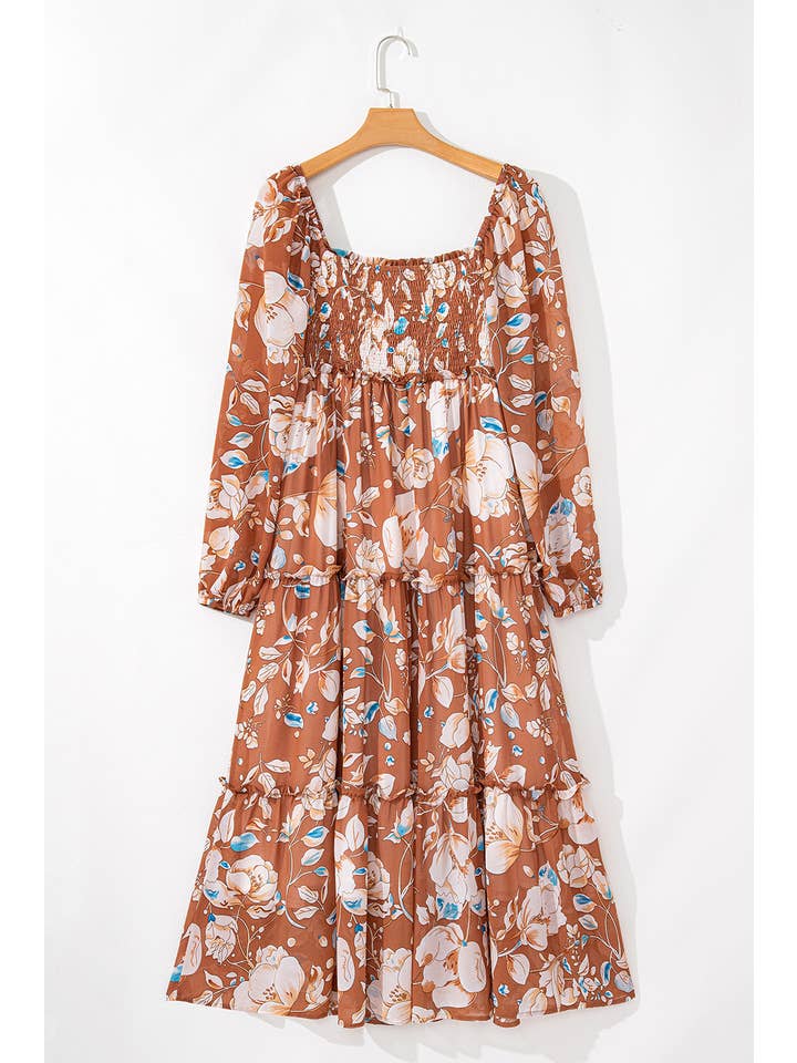Women's Brown Floral Shirred Square-Neck Tiered Maxi Dress - front view
