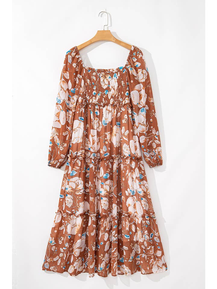 Women's Brown Floral Shirred Square-Neck Tiered Maxi Dress - view 2