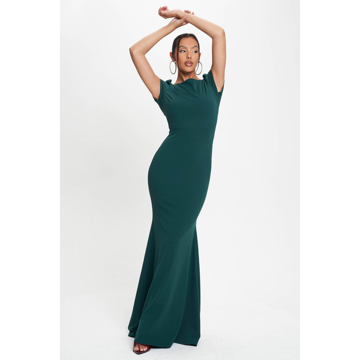 Women's hunter green cap sleeve open tie back flared maxi dress – view 2