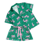 Women's green cheetah print satin pajama set with velvet tie