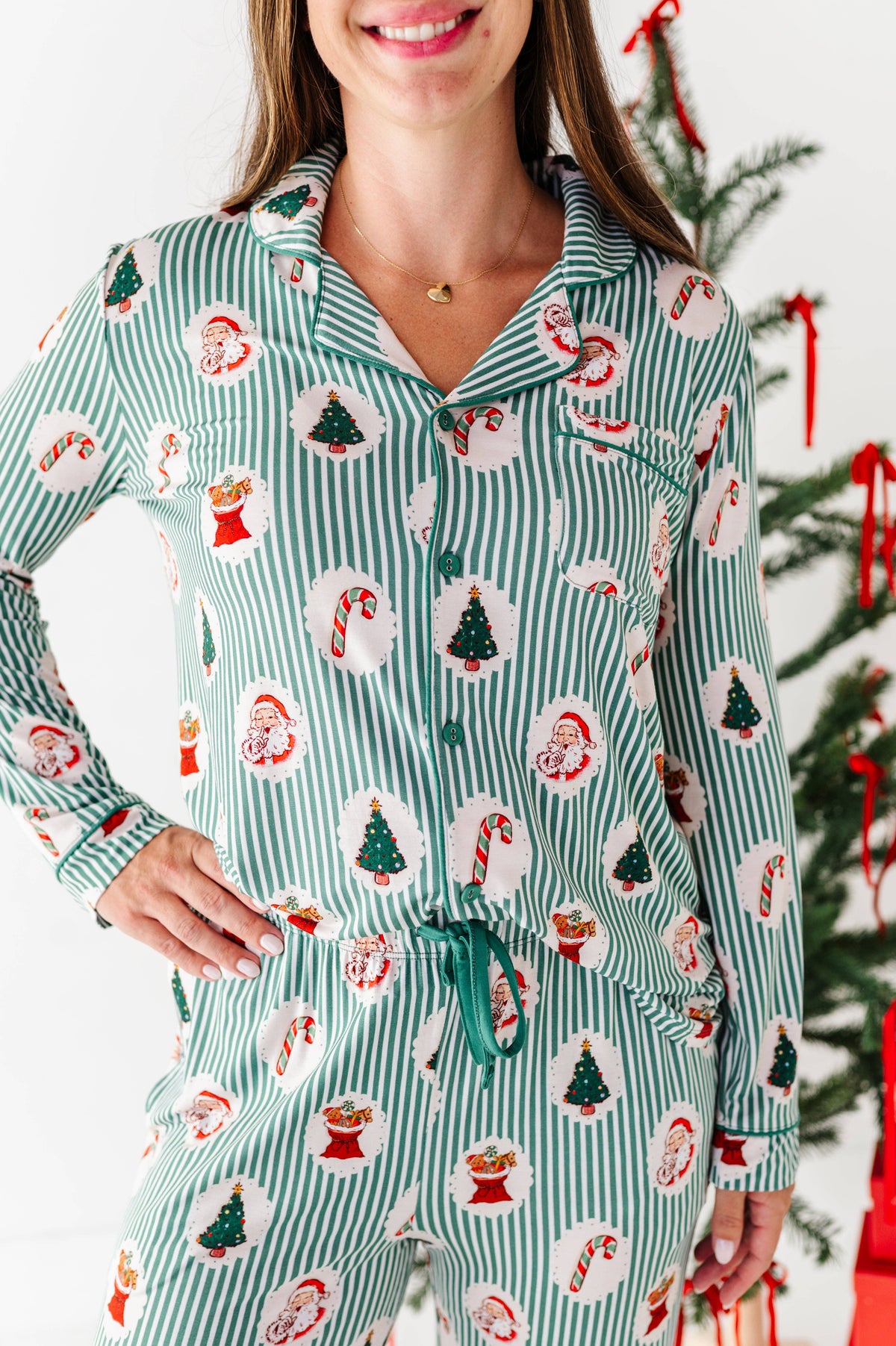 Women's Christmas stripe bamboo button-down lounge pajama set