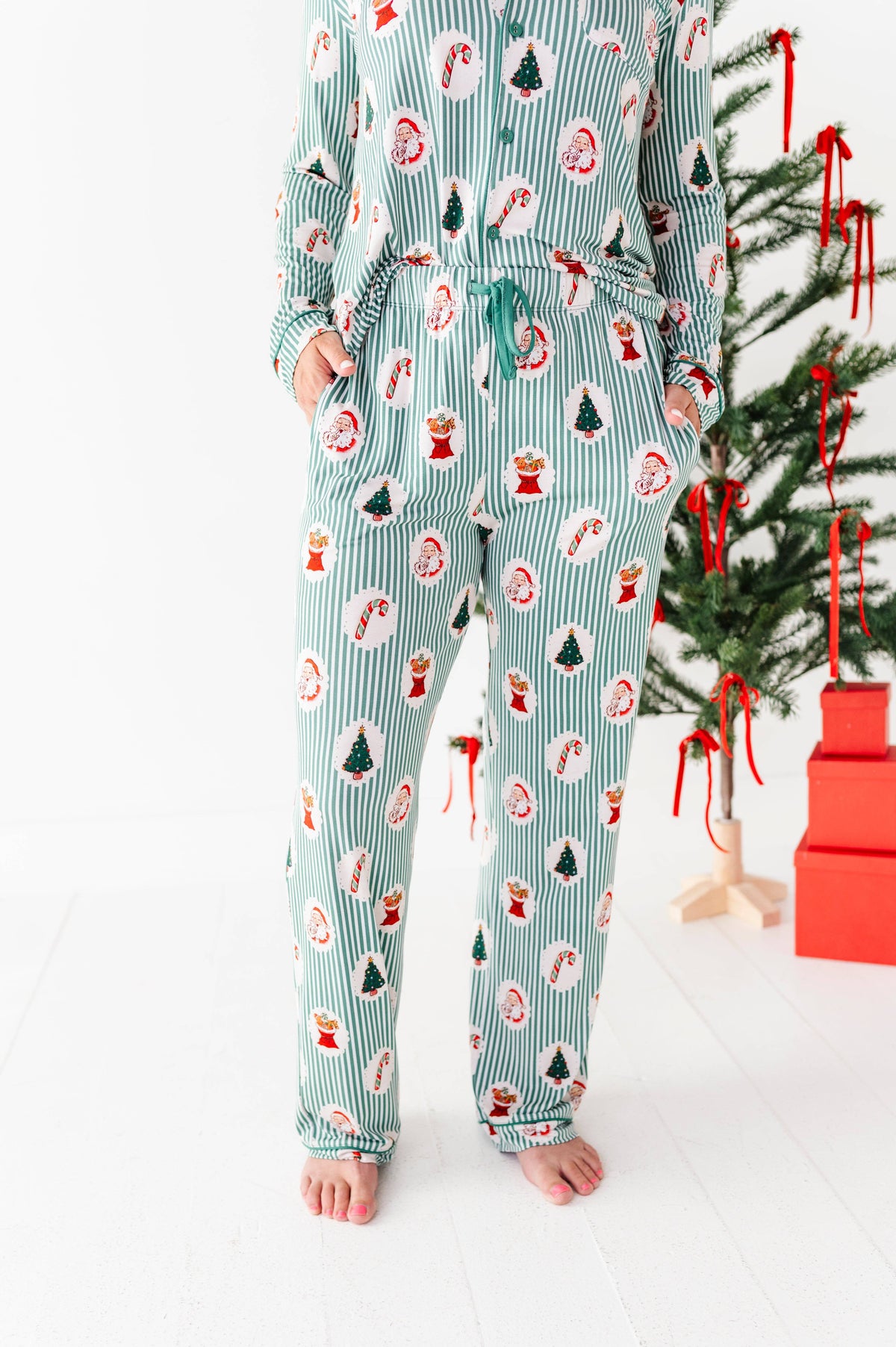 Women's Christmas stripe bamboo button-down lounge pajama set