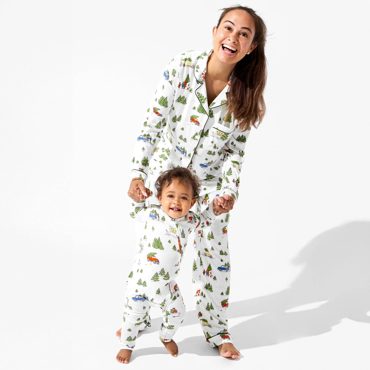 Women's Christmas tree print bamboo button-up pajama set