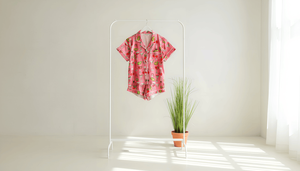 Women's pink cocktail print satin pajama set