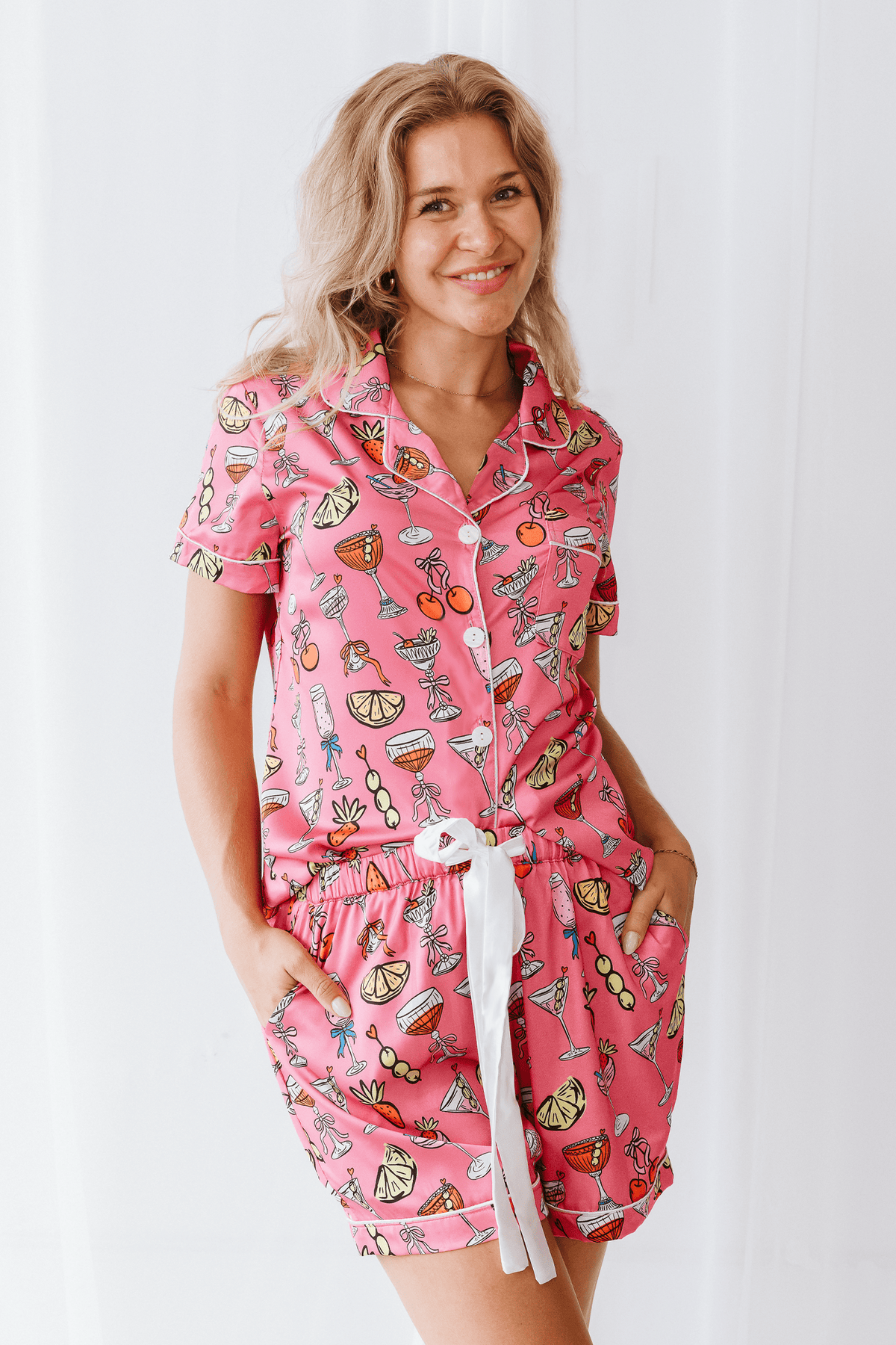 Women's pink cocktail print satin pajama set – view 3