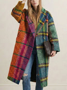 Women's orange contrast plaid wool-blend lapel long coat – alternate view