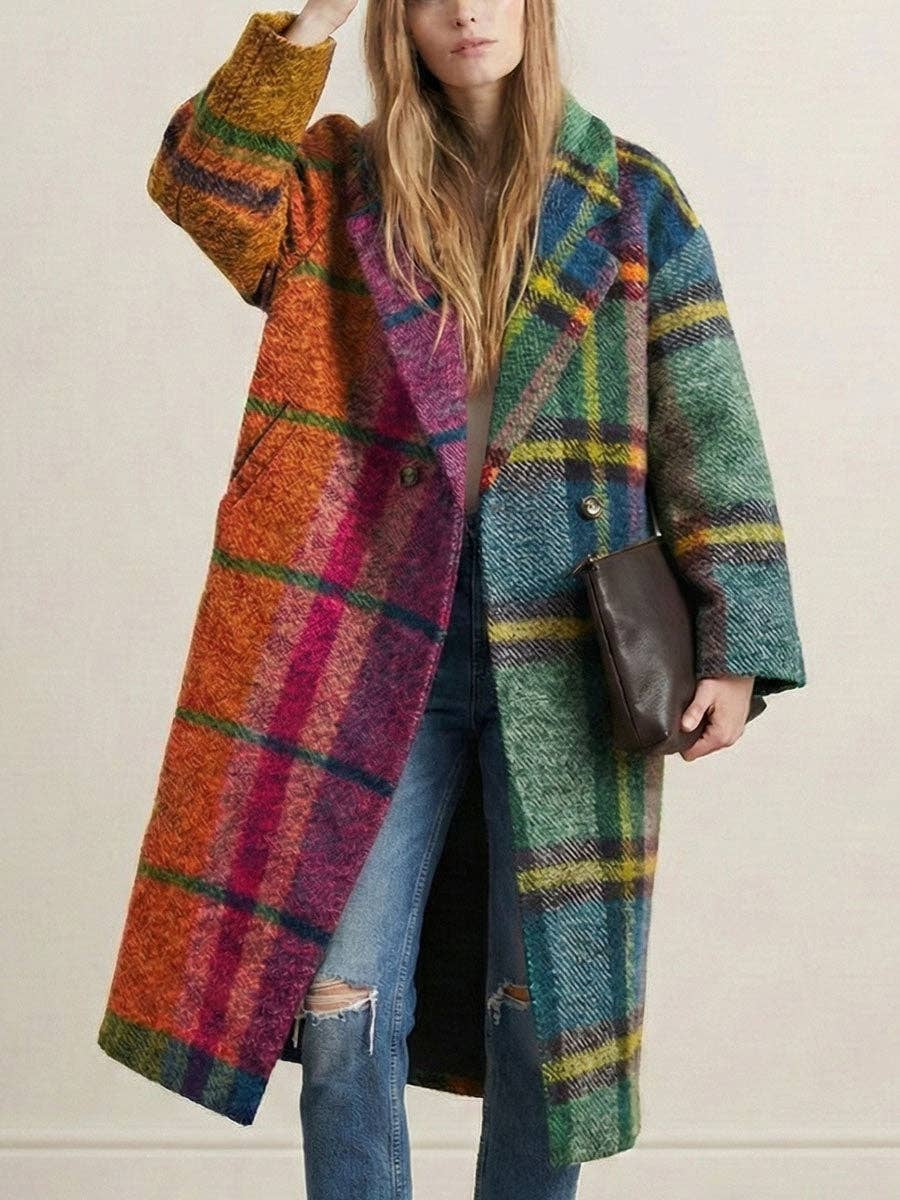 Women's orange contrast plaid wool-blend lapel long coat – alternate view
