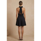 Women's cowl neck halter A-line crepe mini dress