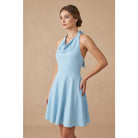 Women's light blue cowl neck halter A-line crepe mini dress