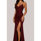 Women's fall red criss-cross halter ruched slit maxi dress – view 2