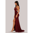 Women's fall red criss-cross halter ruched slit maxi dress – view 3