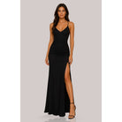 Women's black criss-cross halter ruched slit maxi dress