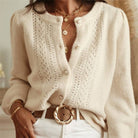 Women's cream crochet lace balloon sleeve button-front cardigan