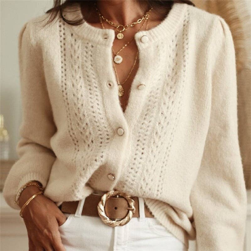 Women's cream crochet lace balloon sleeve button-front cardigan