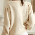 Women's cream crochet lace balloon sleeve button-front cardigan – styled view