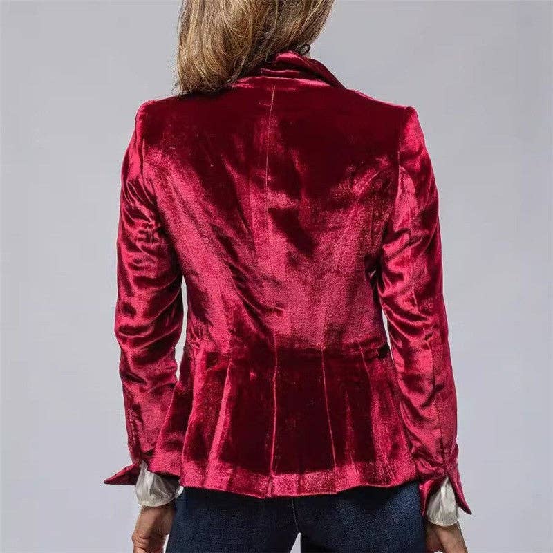 Women's black cropped velvet tailored blazer – styled view