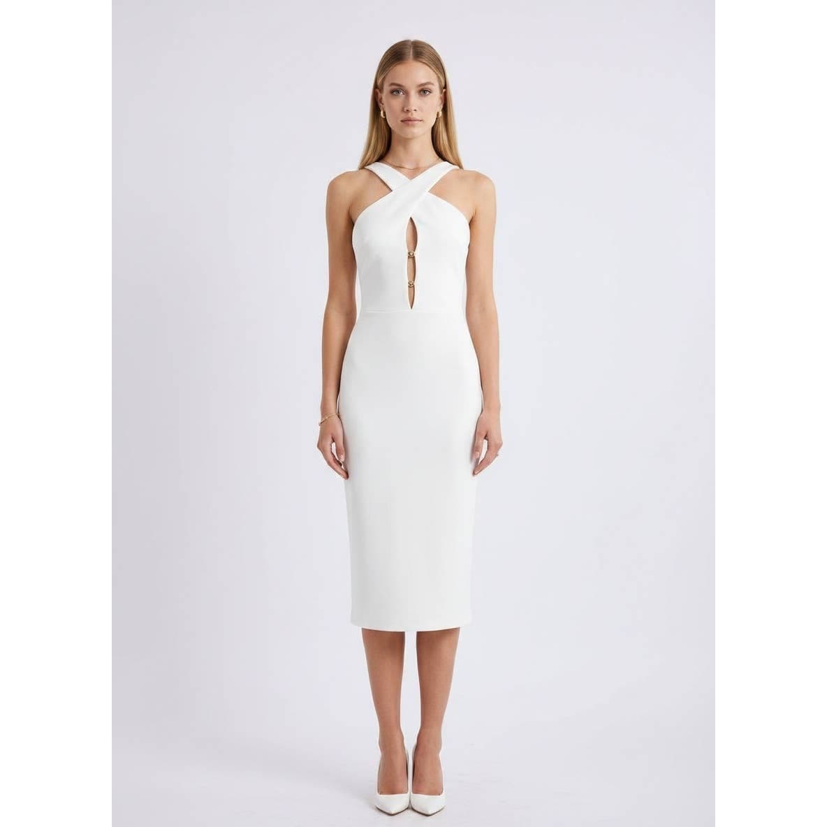 Women's ivory cross-neck cutout bodycon midi dress