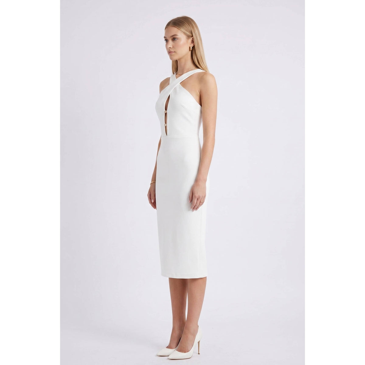 Women's ivory cross-neck cutout bodycon midi dress – view 2