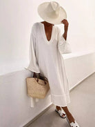 Women's deep V-neck flared sleeve midi dress in white or black – alternate view