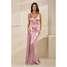 Women's dusty plum deep V pleated waist train maxi gown
