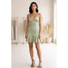 Women's sage deep V spaghetti strap ruffle hem flare mini dress