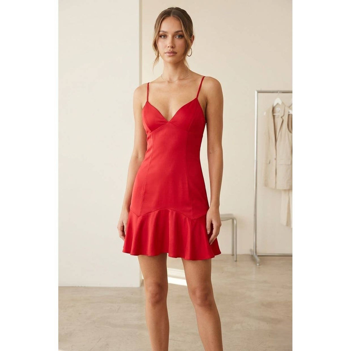 Women's bright red deep V spaghetti strap ruffle hem flare mini dress