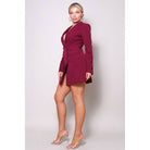Women's burgundy double-breasted gold button blazer dress – view 3