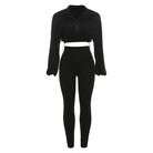 Women's black drawstring long sleeve crop top and high-waisted pants set