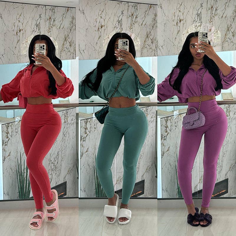 Women's black drawstring long sleeve crop top and high-waisted pants set, view 2