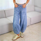 Women's baby blue elastic drawstring waist relaxed jeans