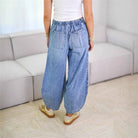 Women's baby blue elastic drawstring waist relaxed jeans – alternate view
