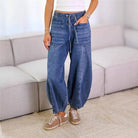 Women's baby blue elastic drawstring waist relaxed jeans – detail view