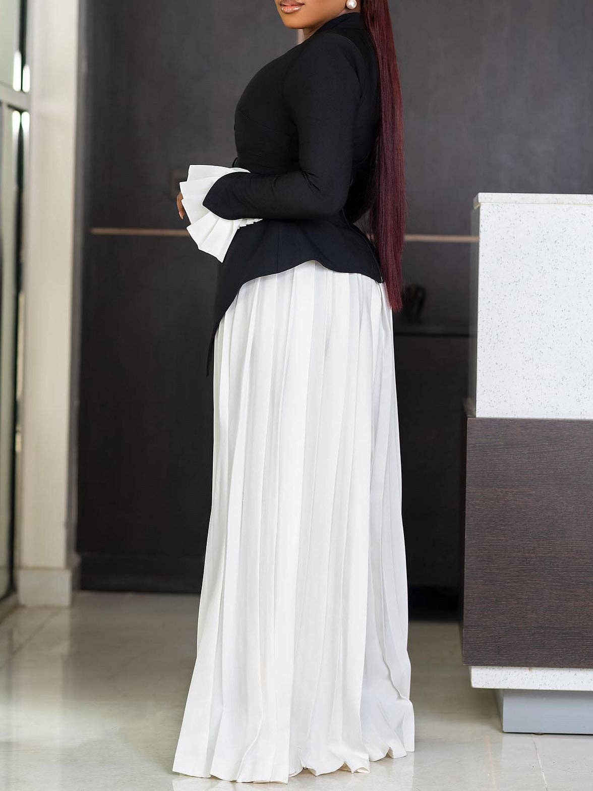Women's black flare sleeve top and wide leg pants set, view 4