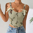 Women's apricot floral jacquard corset top with bow straps
