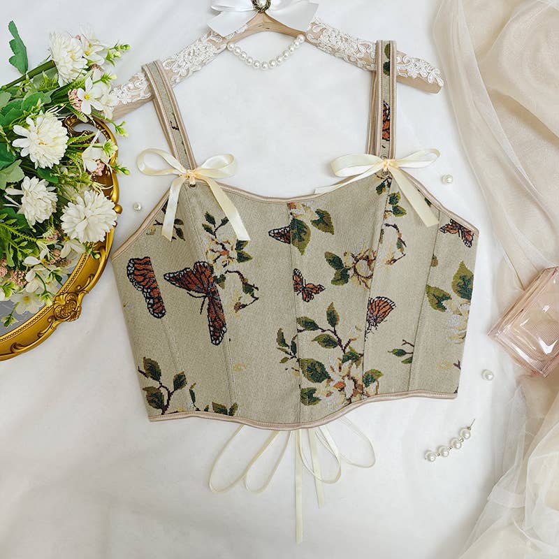 Women's apricot floral jacquard corset top with bow straps - photo 2