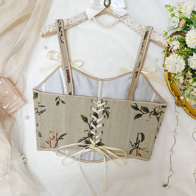 Women's apricot floral jacquard corset top with bow straps - photo 3