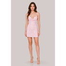 Women's baby pink floral lace cowl neck mini dress
