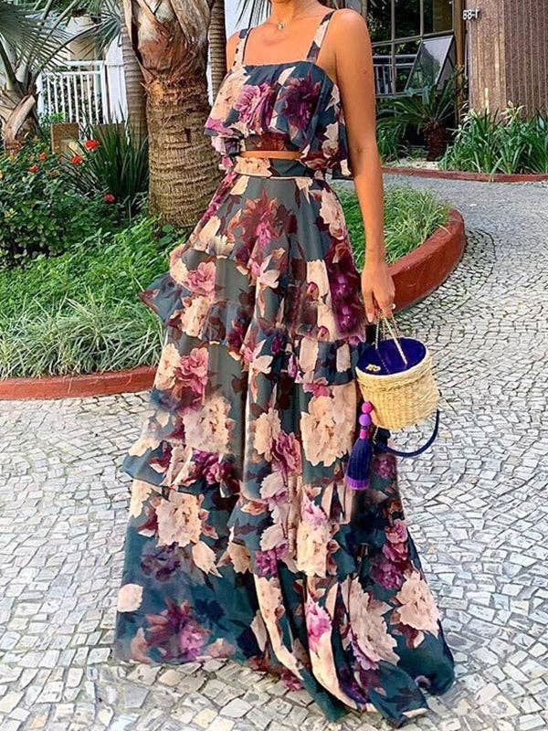 Women's navy blue floral layered cami top and high-waist skirt set – front view