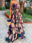 Women's navy blue floral layered cami top and high-waist skirt set – view 2