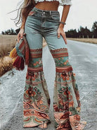 Women's blue floral print high-waisted flare jeans – detail view