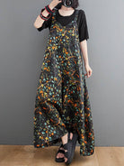 Women's black and gold floral print V-neck wide-leg overall jumpsuit – front view