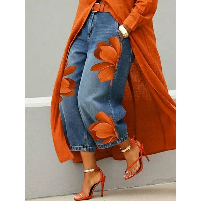 Women's orange floral print wide-leg denim pants