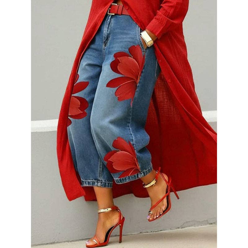 Women's orange floral print wide-leg denim pants – alternate view